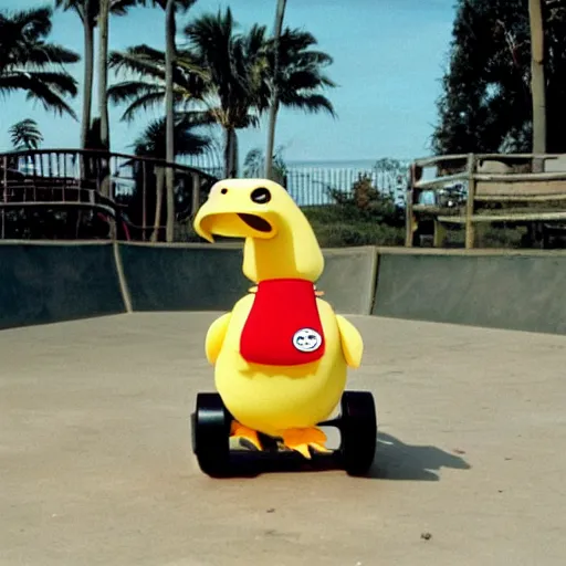 Image similar to a dodo with a gold chain around its neck, on a hover board at a skate park near the beach, 1990s cartoon