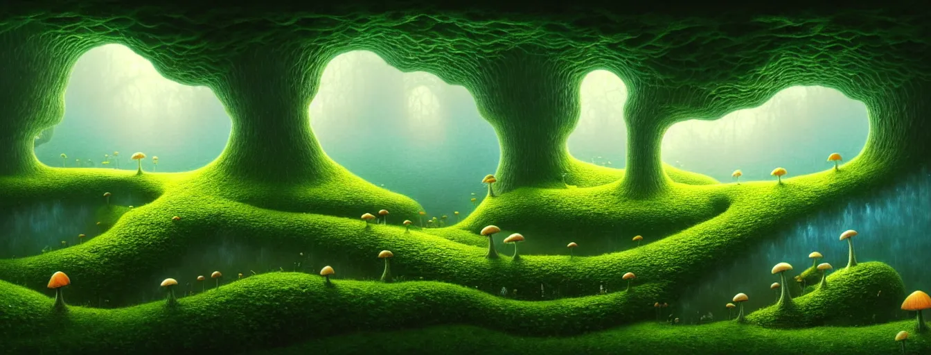 Image similar to gediminas pranckevicius beautiful and stunning professional digital artwork of a glowing mushroom cave, haze, spores floating in the air, vines, water, volumetric lighting, hyperrealistic, rtx on, ultra detail, barlowe wayne, maxfield parrish and marco mazzoni, miniature | no signature!