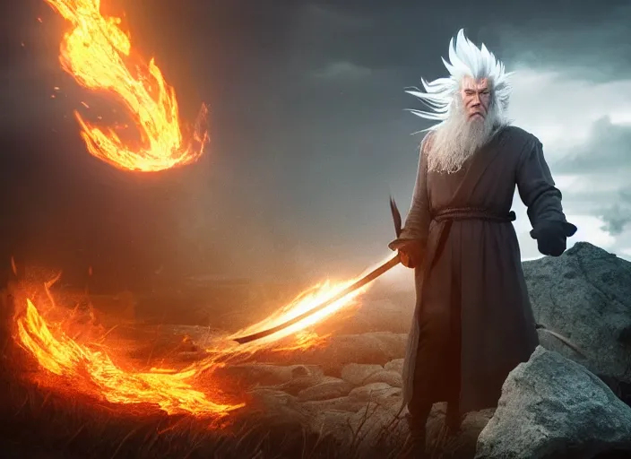 Image similar to gandalf going super saiyan around flames, beautiful landscape, dramatic lighting, cinematic, establishing shot, night time, heavy rain, extremly high detail, photorealistic, cinematic lighting, epic fight scene, post processed, concept art, artstation, matte painting, style by greg rutkowsky