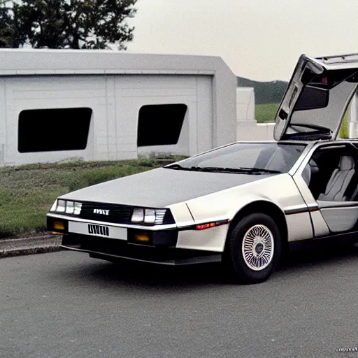 Image similar to 1985 DeLorean DMC-12 in a cinema drive-in, 1940's photography, old grain