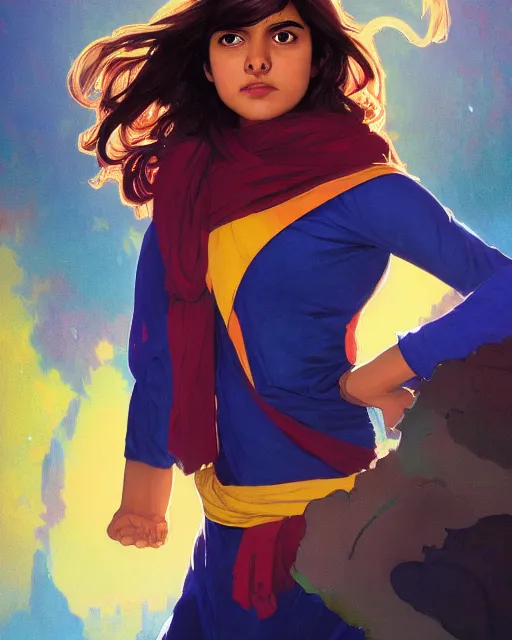 Image similar to A Full View of Kamala Khan played by Iman Vellani, filled with wonder. MCU. John hughes film. masterpiece 4k digital illustration by Ruan Jia and Mandy Jurgens and Artgerm and greg rutkowski and Alexander Tsaruk and WLOP and william-adolphe bouguereau, award winning, Artstation, art nouveau aesthetic, Alphonse Mucha background, intricate details, realistic, panoramic view, Hyperdetailed, 8k resolution, intricate art nouveau