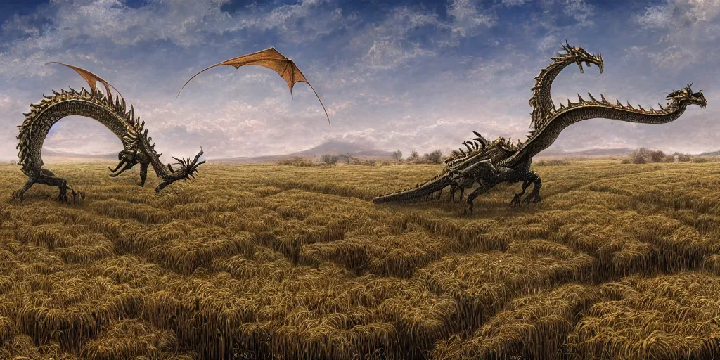 Prompt: Fantastical open landscape by Ted Nasmith, giant dragon skeleton, town, wheat fields, digital painting, concept art, landscape