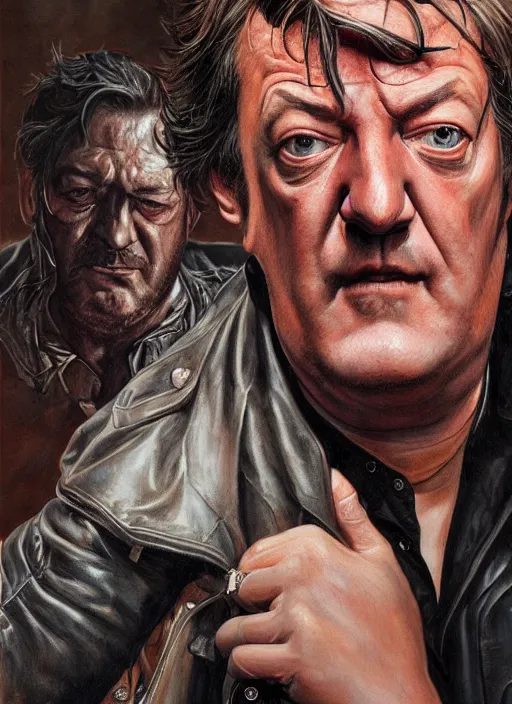 Image similar to portrait of stephen fry, gritty, dark, wearing a leather jacket, very detailed eyes, hyperrealistic, very detailed painting by Glenn Fabry, by Joao Ruas, by Artgerm