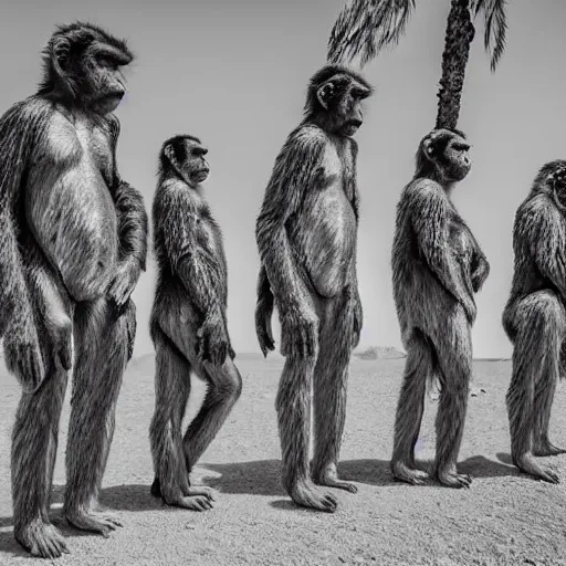 Prompt: Contamporary art fashion photography of ultra mega super hyper realistic detailed group of ultra mega super hyper realistic detailed monkey's in ultra mega super hyper realistic detailed suits, standing near very highly detailed stainless steel monolith situated in the desert. Photo shot on ultra mega super hyper Leica Q2 Camera