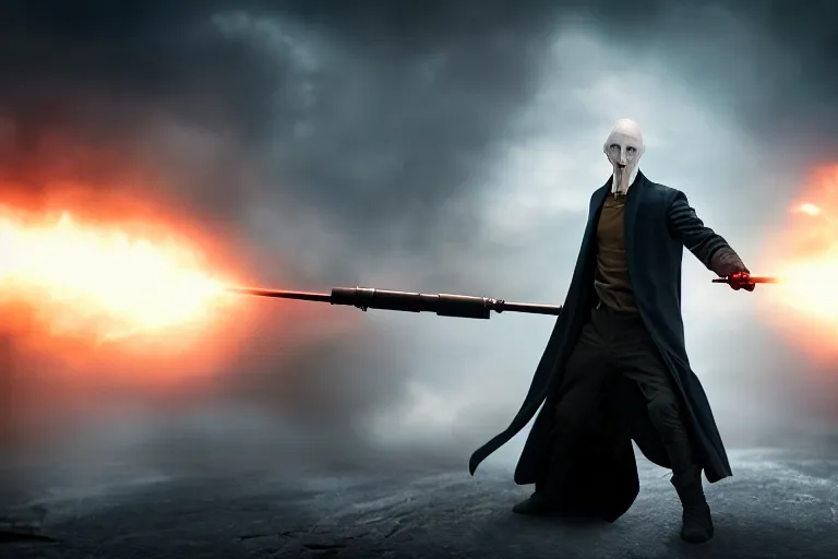 Image similar to volan de mort with bazooka, harry potter movie screenshot, symmetry, cinematic, elegant, luxury, perfect light, perfect composition, dlsr photography, sharp focus, 8 k, ultra hd, sense of awe, highly detailed, realistic, intricate