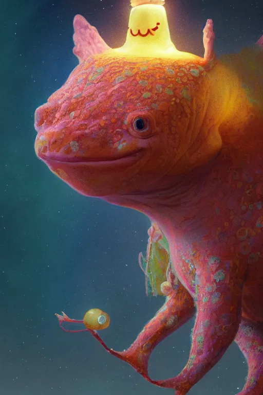 Prompt: Bioluminescent, portrait of axolotl wearing wizard hat, very intricate , trending on artstation , very elegant, in the golden hour by Daniel Merriam, Trending on Artstation, oil on Canvas by Elena Zhurikhina and Goro Fujita and Charlie Bowater, octane render, 4k, 8k, HD
