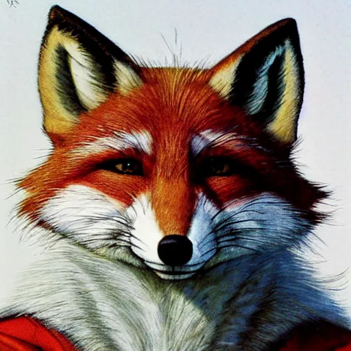 Image similar to close up portrait of fox mccloud by norman rockwell, furry, anthropomorphic, fox mccloud star fox, norman rockwell