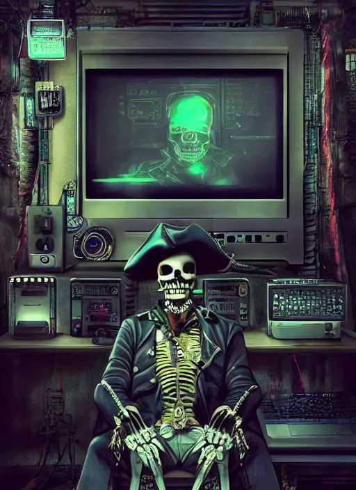 Image similar to a cyberpunk hacker pirate captain skeleton with a pirate hat sitting in front of a huge old crt monitor in a dark room, highly detailed, intricate, digital art, trending on artstation, trending on cgsociety