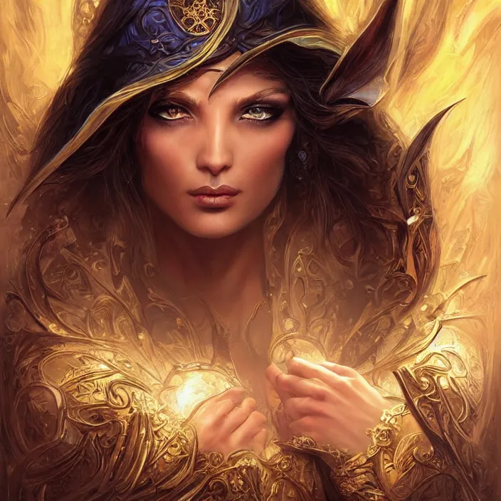 Image similar to a highly detailed symmetrical painting of a sorceress with piercing beautiful eyes, dark tomb setting, dynamic lighting, ambient lighting, deviantart, art by artgerm and karol bak and mark brooks