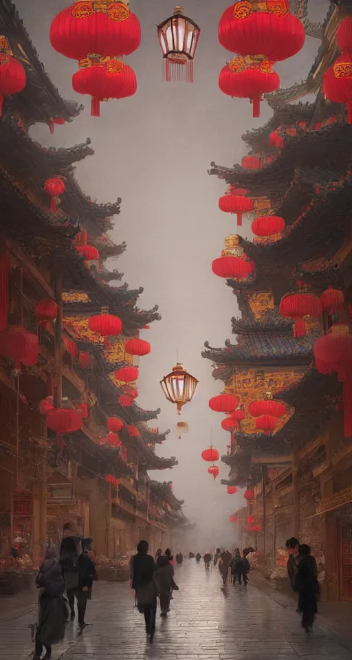 Image similar to epic scenery of a shopping street in the Chinese imperial city, intricate, elegant, volumetric lighting, digital painting, highly detailed, artstation, sharp focus, illustration, concept art, ruan jia, steve mccurry