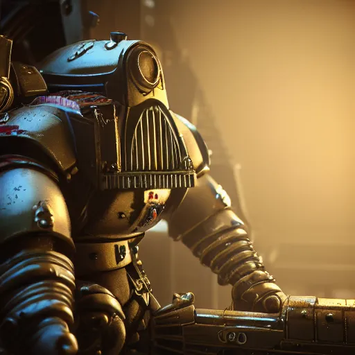 Prompt: very sad crying guardsman in a space hulk from warhammer 4 0 k darktide : : octane render, unreal engine 5, cinematic lighting