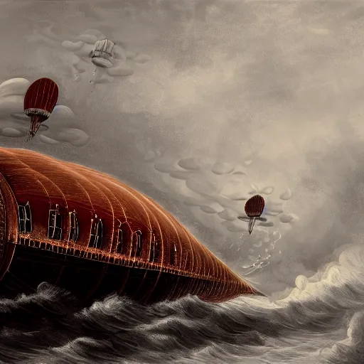 Prompt: victorian airship flying into a violent thunderstorm, red gold gray, rich, highly detailed, realistic, illustration, gritty