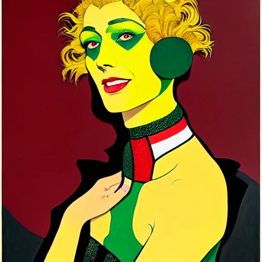 Image similar to art by joshua middleton, a medium shot portrait of the golden creeper, a tall manically smiling yellow - skinned woman with green and black striped cycling shorts and wearing a long red and black striped ostrich feather boa, yellow makeup, mucha, kandinsky, poster, art deco motifs, comic art, stylised design, scarlet feather boa