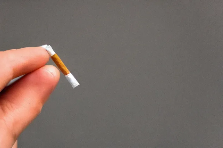 Image similar to Close-up of cigarette in five fingers, thin soft hand holding cigarette, hyper realistic, photographic style