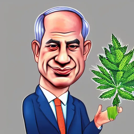 Image similar to a caricature of Benjamin Netanyahu holding a giant marijuana plant, detailed face, digital art, highly detailed