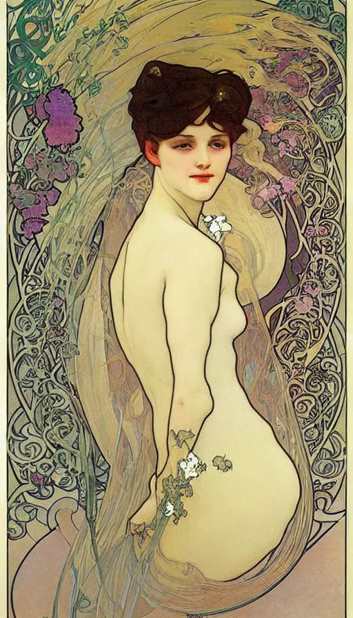 Image similar to beautiful girl,art nouveau,Alfons Mucha