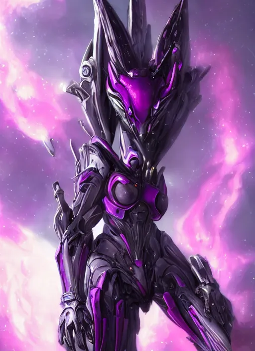 Image similar to cinematic bust shot, cosmic beautiful stunning giant robot mecha hot female dragon goddess, sharp spines, sharp metal ears, smooth purple eyes, smooth fuschia skin, elegant smooth silver armor, nebula size, epic proportions, epic scale, macro furry, furry art, dragon art, goddess art, giantess art, warframe, warframe fanart, furaffinity, octane