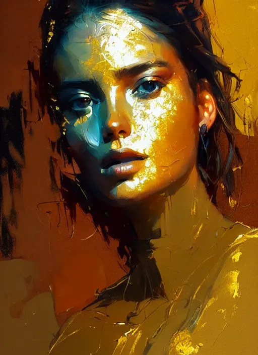 Prompt: outdoor portrait of a beautiful girl, shades of gold, beautiful face, rule of thirds, intricate outfit, spotlight, by greg rutkowski, by jeremy mann, by francoise nielly, digital painting