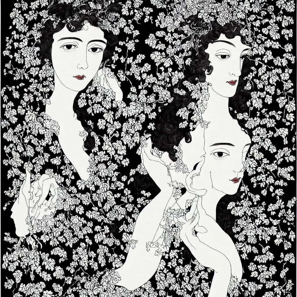 Prompt: , 4k, highly detailed, sharp focus 4k, highly detailed, sharp focus lithography by Aubrey Beardsley, Portrait of a beautiful woman with flowers in her hair
