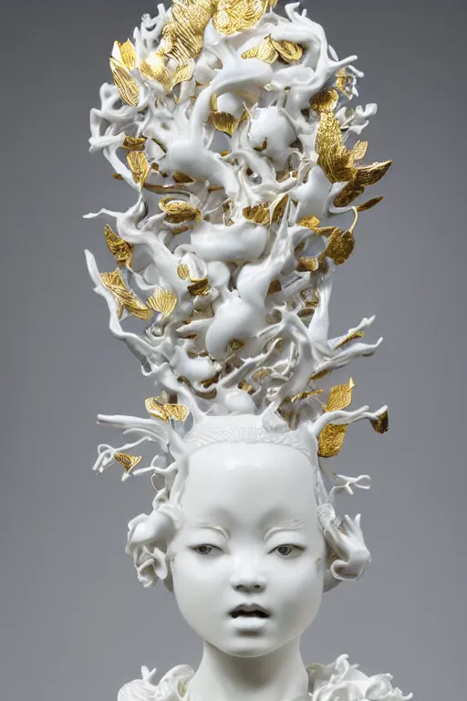 Prompt: full head and shoulders, beautiful female white, porcelain sculpture, with ornate willow china pattern, lots of ornate gold leaf 3 d japanese dragons attached to head by daniel arsham and james jean, on a white background, delicate facial features, white eyes, white lashes,