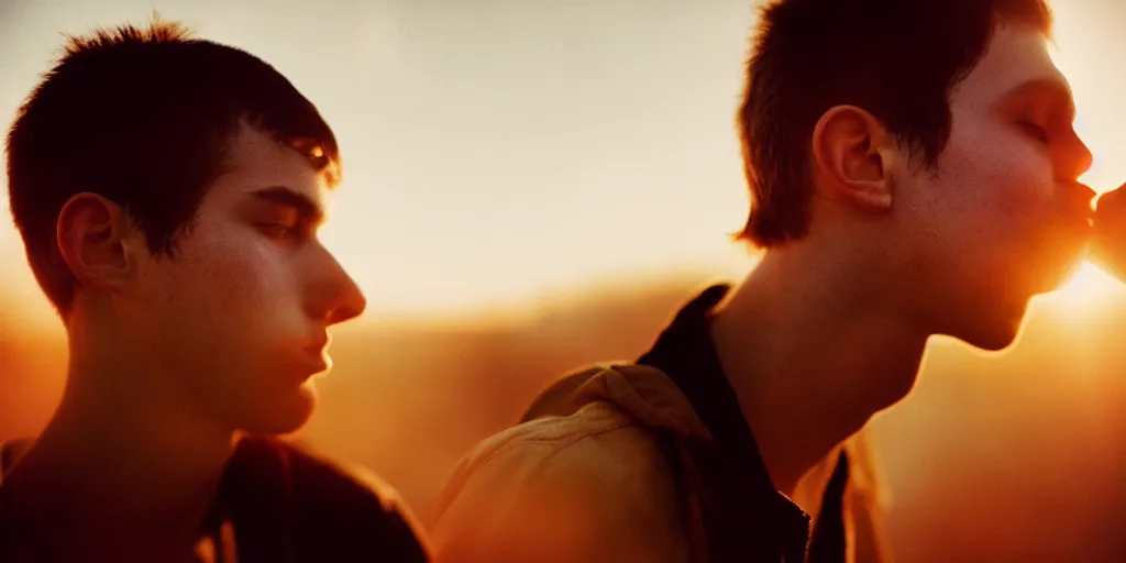 Prompt: portrait of a handsome young man kissing with moody lighting golden hour highly detailed sharp zeiss lens 1. 8 high contrast wolfgang tillmans ryan mcginley david armstrong