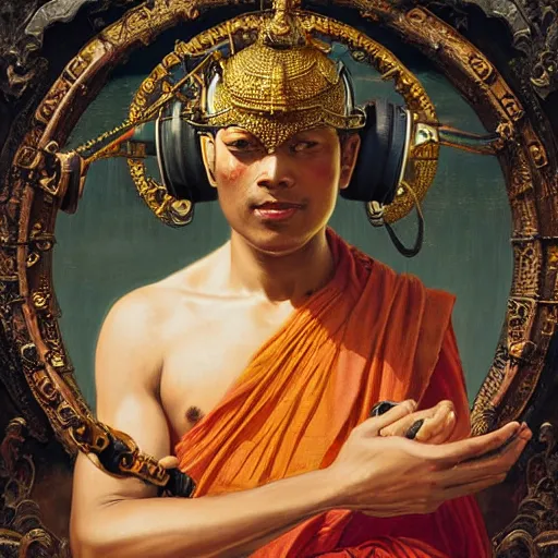 Image similar to srilankan buddhist monk blindfolded with high - teh vr steampunk headset armour baroque style, painting by gaston bussiere, craig mullins, j. c. leyendecker, lights, art by ernst haeckel, john william godward, hammershøi,