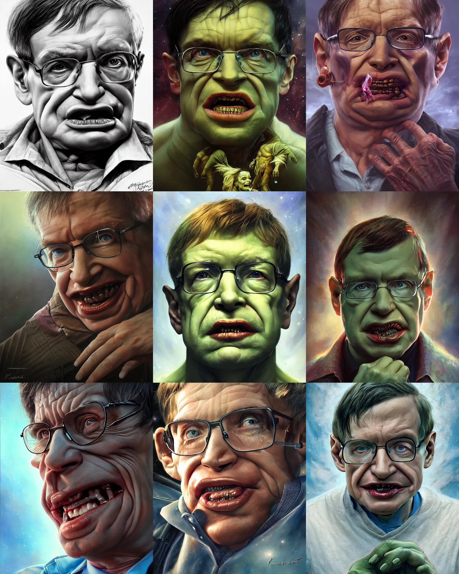 Prompt: portrait of stephen hawking as hulk by karol bak, james jean, tom bagshaw, rococo, sharp focus, trending on artstation, cinematic lighting, hyper realism, octane render, 8 k, hyper detailed.