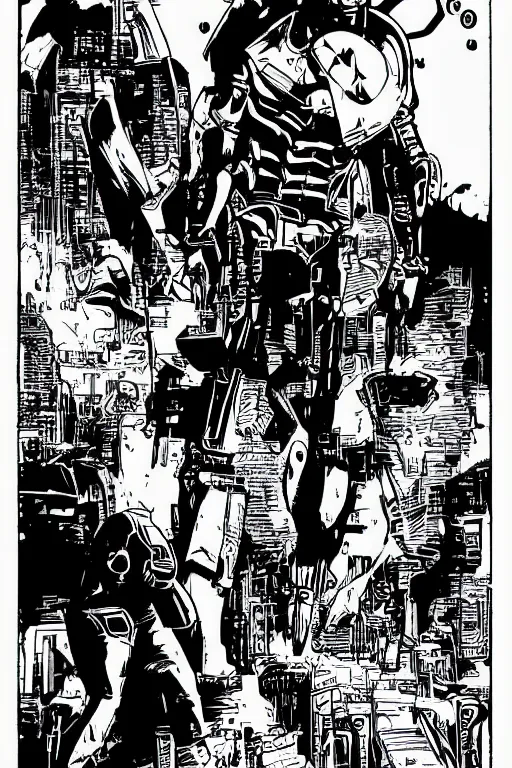 Image similar to ultron, a page from cyberpunk 2 0 2 0, style of paolo parente, style of mike jackson, 1 9 9 0 s comic book style, white background, ink drawing, black and white