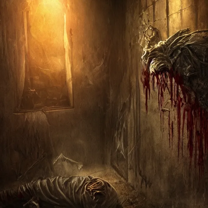 Image similar to horrific demonic vampire lurking in corner of the room, while blood flows out from below, sharp focus, 4 k ultra hd, fantasy dark art, apocalyptic art