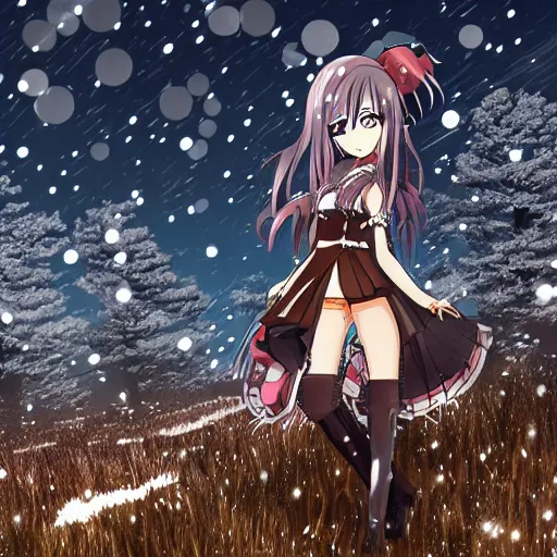 Image similar to anime girl with steampunk weapons and a robotic companion walking though a snowy tundra forest, extremely detailed, anime, anime background, intense, particles, cinematic lighting,