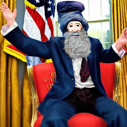 Prompt: professional portrait of Vermin Supreme sitting in the oval office desk, 8k, very intricate, very detailed, cinematic,