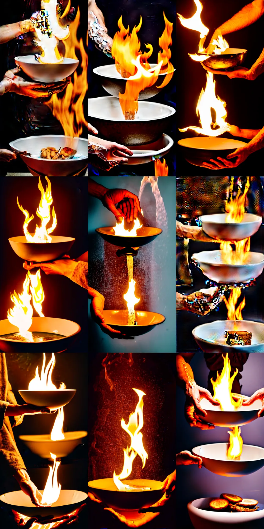 Prompt: someone holding a bowl of food above a flaming washbasin, professional photography, single pair of hands, book cover W 1000