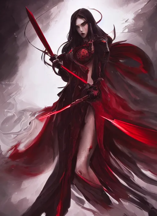 Prompt: a highly detailed illustration of elegant long black haired woman wearing red and black battle dress, heroically wielding black blade pose, with red magic surrounding her, intricate, elegant, highly detailed, centered, digital painting, artstation, concept art, smooth, sharp focus, league of legends concept art, WLOP