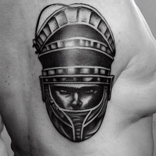 Image similar to A gladiator wearing a thracian helmet, tattoo, tattoo art, Black and grey tattoo style