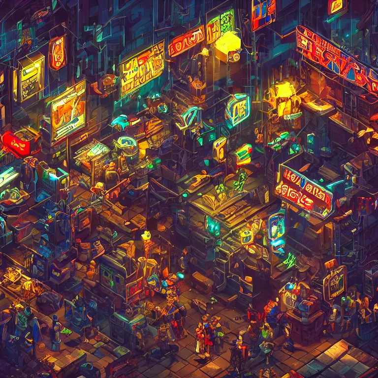 Image similar to fantastic lighting, pixel art, high detail, cyberpunk market, 2 d