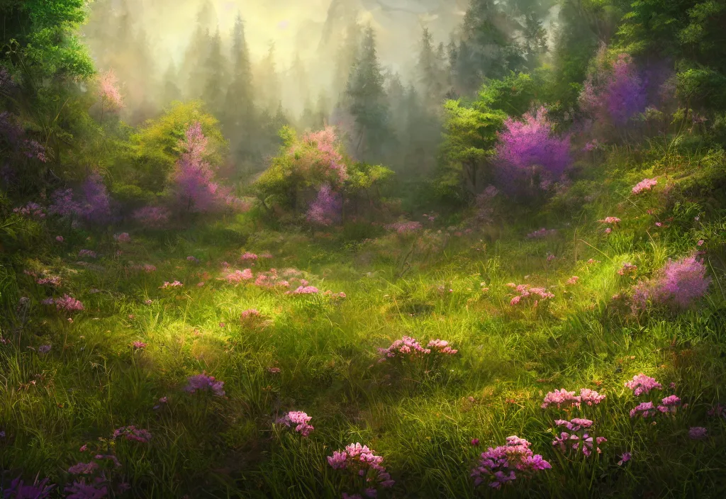 Image similar to a flowering meadow a forest behind it, no purple, epic alien fantasy, detailed, intricate, digital painting, concept art, realistic, smooth, focus, rim light