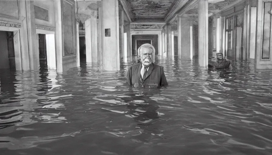 Prompt: 7 0 s movie still of an old manstanding in a soviet stalinist style palace flooded in water, eastmancolor, heavy grain, high quality, high detail