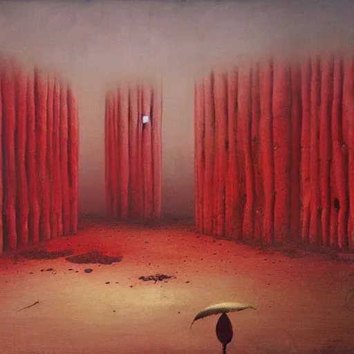 Prompt: surrealist painting of a brutalist building turning into meat, red fungus, post apocalyptic, tropical landscape, painted by beksinski