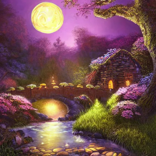 Prompt: painting, high detail, woodland village, in the night, fantasy, crescent moon, stone paths, bridge, water stream, luminous, toadstools, fireflies, fantasy,, flowers, waterfall, lanterns, mist, highly detailed painting, fine lines, 8 k realistic, sharp focus