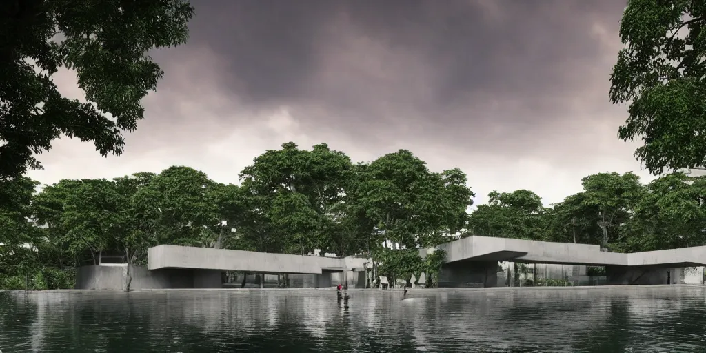 Image similar to a stunningly detailed arts center designed by Le Corbusier, surrounded by lush green forest, ponds of water, stunning volumetric lighting, sunset, metal, concrete, stunning skies, trending on Artstation, 8k, photorealistic, hyper detailed, unreal engine 5, IMAX quality, cinematic, epic lighting, in the style of Greg Rutkowski