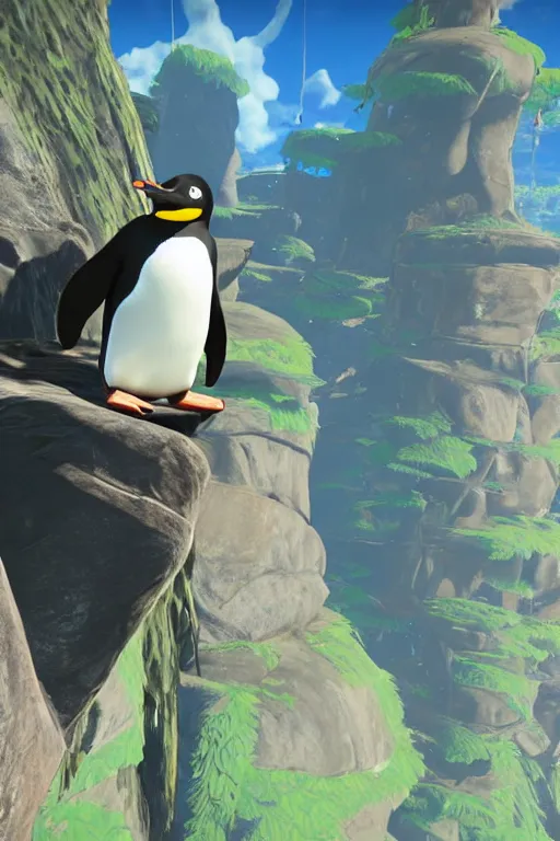 Image similar to in game footage of a penguin from the legend of zelda breath of the wild climbing q tree, breath of the wild art style.