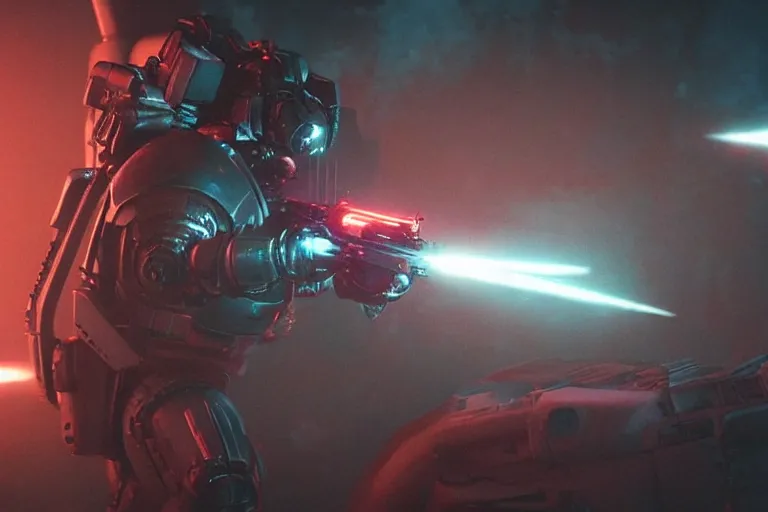 Prompt: VFX movie closeup of a futuristic inhuman alien spacemarines in future spaceship, firing gun at space pirates detailed creature skin neon lighting by Emmanuel Lubezki