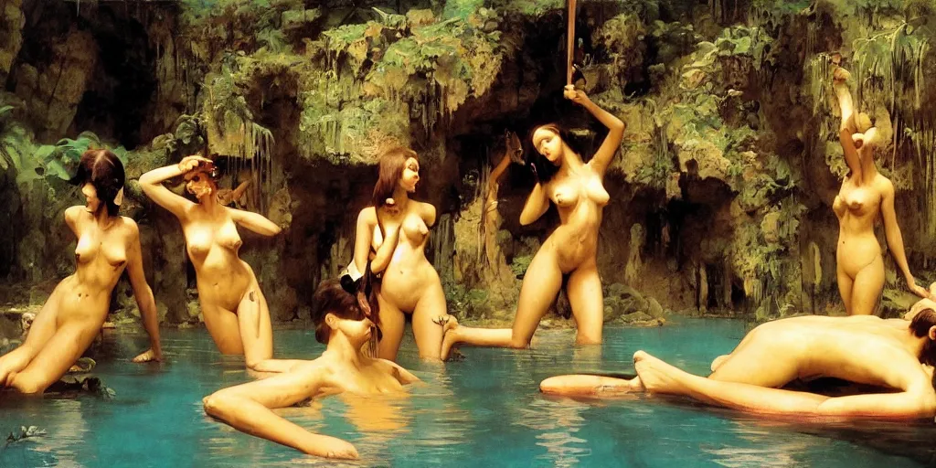 Prompt: a tropical cave that renovate as a luxury interior as a harem of beautiful women bathe in the waters by syd mead, frank frazetta, ken kelly, simon bisley, richard corben, william - adolphe bouguereau