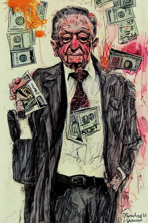 Image similar to George Soros full body shot, dollar bills Body horror, biopunk, by Ralph Steadman, Francis Bacon, Hunter S Thompson