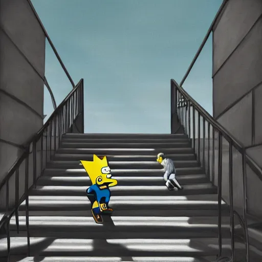 Image similar to Bart Simpson skateboarding down a flight of stairs at home, digital art, Sean Yoro, 4K, 8K