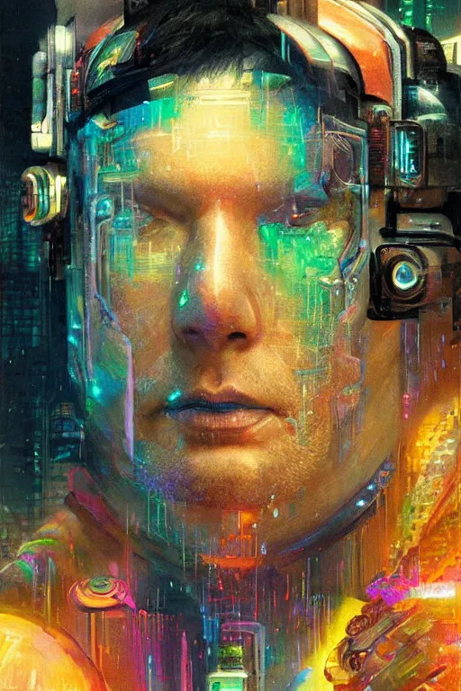 Prompt: A portrait of the author Erik Davis as a cyberpunk, iridescent highlights, background of digital greebles, highly detailed, intricate, soft, sci-fi, sharp focus, glowing lines, art by Ruan Jia and Moebius