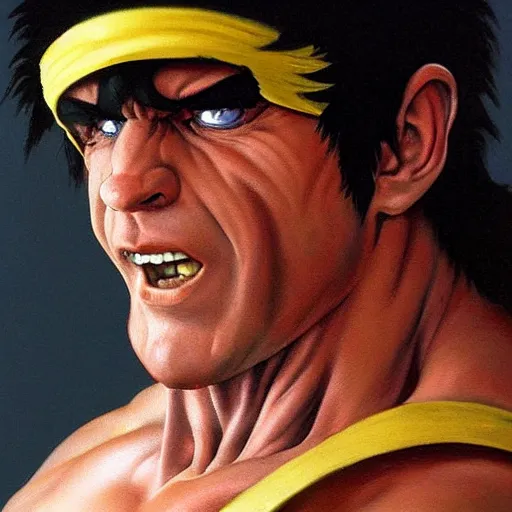 Prompt: ultra realistic happy gilmour as ryu from street fighter, painting by frank frazetta, 4 k, ultra realistic, highly detailed,