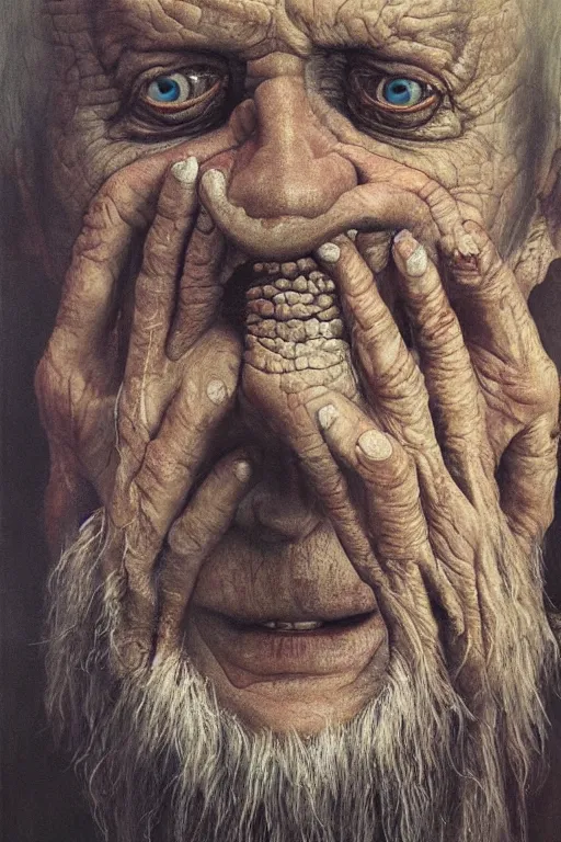 Image similar to hyperrealism oil painting, close - up portrait of a scary old man with a thousand eyes and mandibles, in style of baroque zdzislaw beksinski