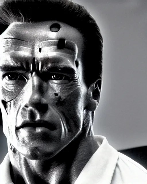 Image similar to arnold schwarzenegger as a damaged t - 1 0 0 terminator, one red robotic eye, photo