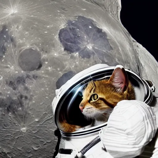 Image similar to a cat astronaut : 1 0 0 in space looking at the moon : 5 0